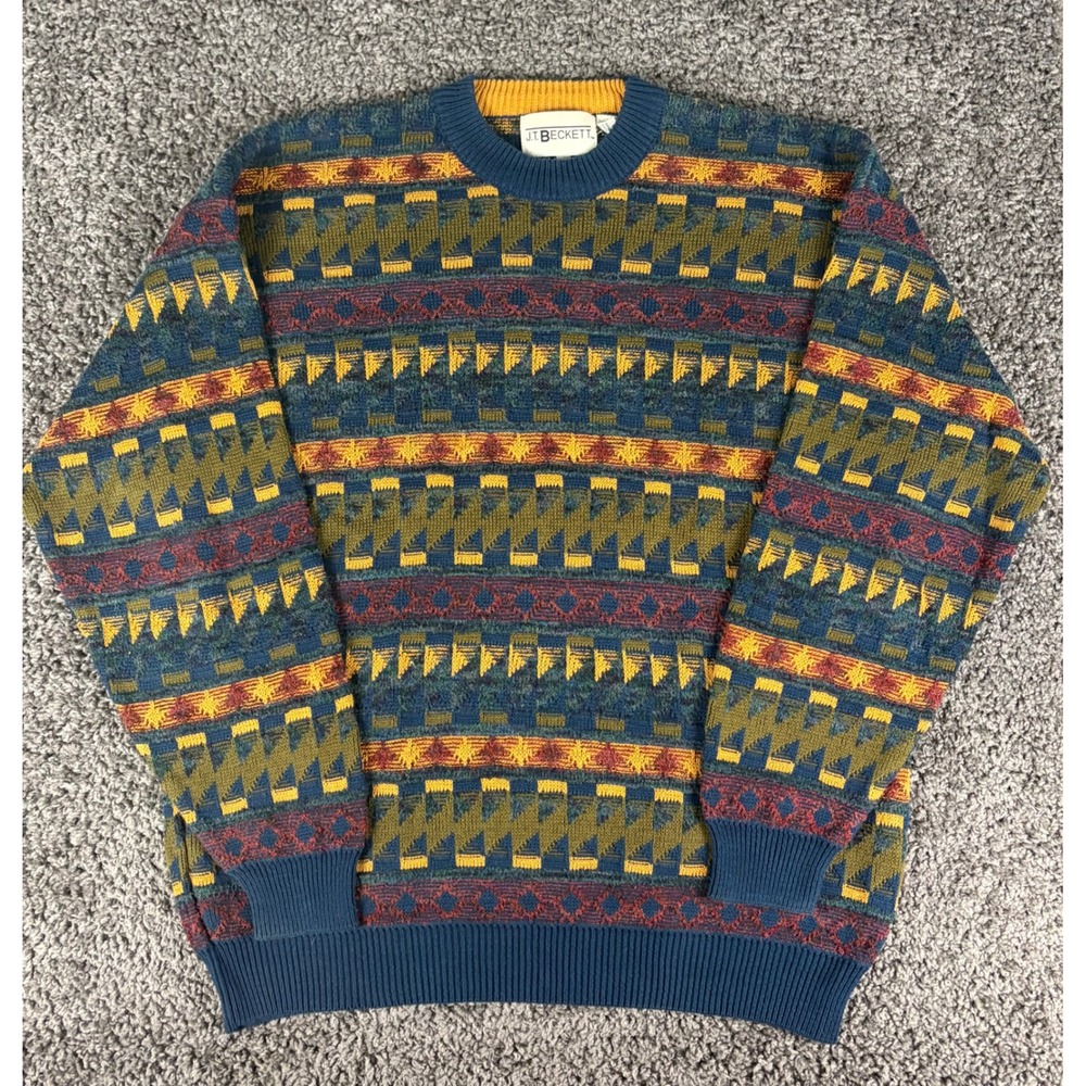 J.T. Beckett Vintage Men Large Geometric Knit Sweater Blue Yellow Fair Isle L